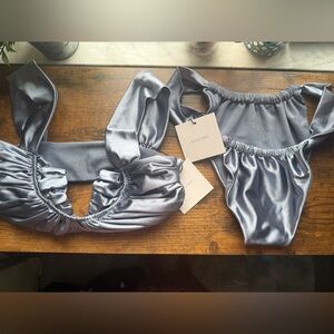 Silver and Blue Bikini with Elegant Ruched Details Medium